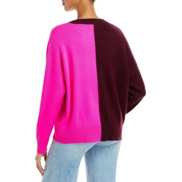 AQUA Cashmere Color Block Cashmere Sweater - Dark Raisin Neon Pink - Size Small - Picture 2 of 3